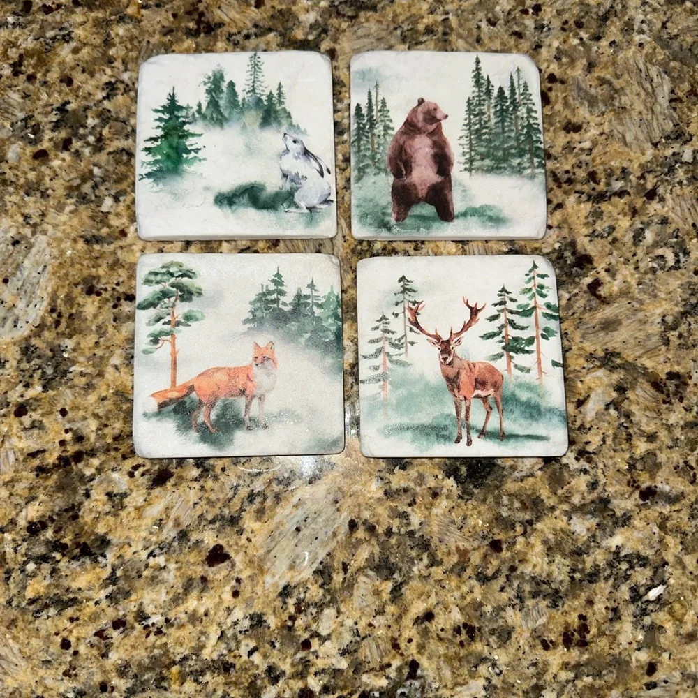 Vintage Forest Wildlife Ceramic Coaster Set - Bear, Elk, Fox, Rabbit